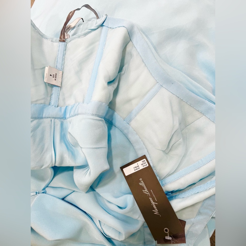 Monique Lhuillier Collection Draped Off-The-Shoulder Silk Gown Blue Maxi Dress - Picture 12 of 15